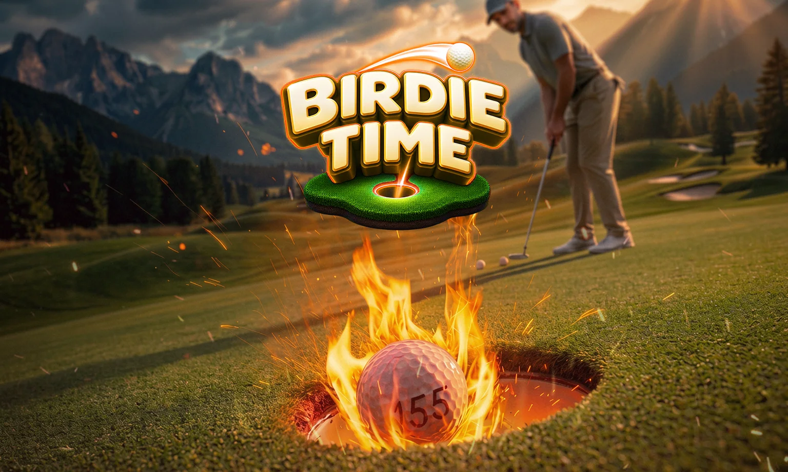 Birdie Time: a flaming golf ball dropping into the cup on a course at sunset